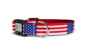 American Flag Dog Collar with red webbing, featuring the American flag repeating along the length of the collar.