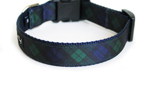 Back side of the Black Watch Plaid Dog Collar, displaying the pattern repeating itself along the length of the collar