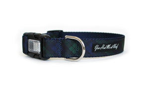 Black Watch Plaid Dog Collar in plaid with hues of navy blue and dark green