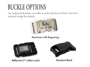 Collar buckle options shown include a black plastic reflective buckle, a curved black plastic buckle, and an aluminum buckle