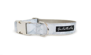 Elegant Carrara Marble Dog Collar with life-like gray veining and a polished metal buckle with optional personalization.