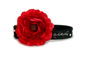 A black dog collar with small white polka dots and detachable red flower accessory.