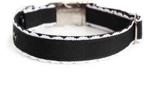 The Back of the Collette Dog Collar in black with white lace trim.