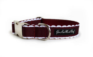 Elegant Dog Collar in burgundy vintage French trim with white lace peeking out on each side.