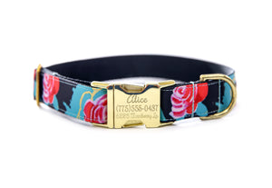 Couture Roses Dog Collar in black, gold and aqua with pink roses along the length of the collar, featuring an optional gold buckle with engraving.