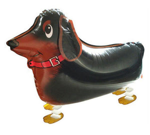 A cute balloon that looks just like a black and tan Dachshund, featuring legs that look like they are walking when the balloon is filled with helium.