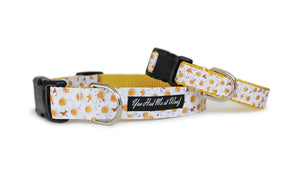 The Daisy Dog Collar with yellow webbing and small, realistic daisies covering the length of the collar.