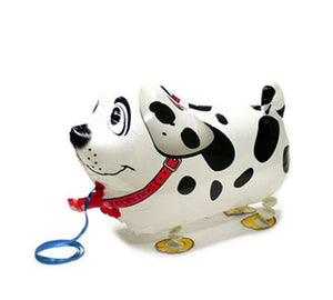 A cute balloon that looks just like a Dalmation, featuring legs that look like they are walking when the balloon is filled with helium.