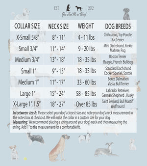 Dog Collar Size Chart for You Had Me at Woof dog collars, with sizes ranging from extra small to extra large