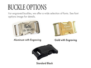 Collar buckle options include a curved black plastic buckle or an aluminum or gold buckle with optional engraving