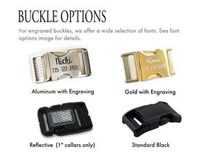 Buckle options include a black buckle with reflector, a standard black buckle, or an aluminum or gold buckle with optional engraving.