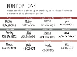 Twelve font options are available for laser-engraved aluminum buckles