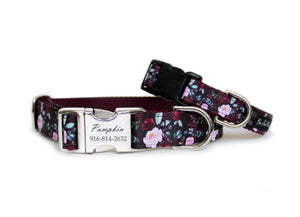 Burgundy floral dog collar featuring pink and magenta roses, mint green leaves, and an optional engraved aluminum buckle, shown with a small size collar.