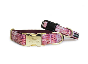 The Fall Marble Dog Collar with a gold buckle and marbling in fall colors with deep burgundy webbing and optional gold engraved buckle, shown with a small collar.