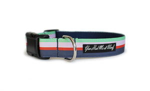 Striped Dog Collar with navy blue webbing and mint, light pink, orange-red, and navy blue striped trim, by You Had Me at Woof.