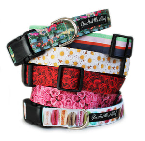 The French Flower Shop Collection of dog collars, including the French Flower Shop, Flower Shop Stripe, Daisy, Red Roses, Pink Roses, and Macaroons Dog Collars.