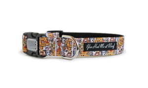 Funny Dog Collar with dogs posing for a photo wearing party hats, featuring an optional reflective buckle for visibility by You Had Me at Woof.