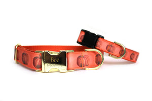 Harvest Pumpkin Dog Collar in soft orange with realistic-looking pumpkins along the length of the collar and optional gold personalized buckle, shown with smaller dog collar.