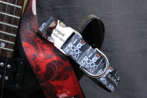 Rock N roll dog collar with the text, I Love Rock n Roll and hand gesture in white against a dark gray background, featuring an optional engraved aluminum buckle.