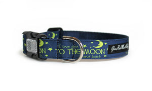 Charming dog collar in navy blue with yellow text that reads, I Love You to the Moon and Back with a yellow moon and optional reflective buckle.