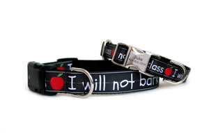 Funny dog collar that looks like a black chalkboard with chalkboard lettering that reads, I will not bark in class, alongside a red apple, featuring an  optional engraved aluminum buckle.