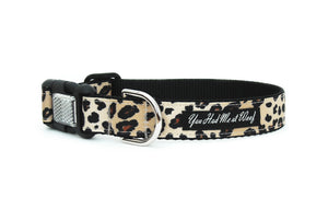 Leopard Print dog collar with black webbing underlay and pretty leopard print trim, shown with optional and stylish reflective buckle.