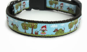 Fairy Tale Dog Collar made with soft European trim, featuring Little Red Riding Hood in the woods and the Big Bad Wolf watching her from behind a tree.