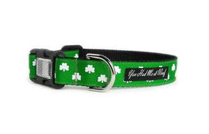 The Luck of the Irish Dog Collar in kelly green with two rows of little white shamrocks, featuring an optional reflective buckle.