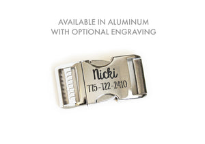 Collar buckle options include a standard black buckle or polished aluminum buckle with optional laser engraving