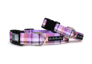 The Plaid Fall Dog Collar in Lavender in soothing lavender, gray, and orange hues.