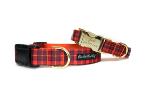 The Plaid Fall Dog Collar in Orange in warm colors of orange, brown, and yellow..