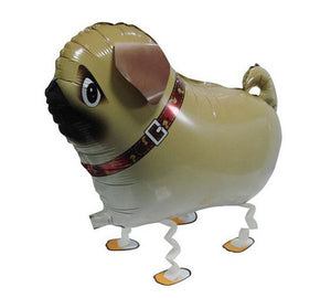 A cute balloon that looks just like a Pug, featuring legs that look like they are walking when the balloon is filled with helium.