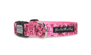 Elegant pink dog collar with a realistic looking image of pink roses completely covering the collar, featuring an optional reflective buckle.