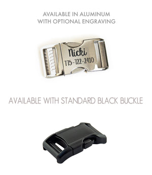 Buckle options shown include a standard black buckle or polished aluminum buckle with optional laser engraving